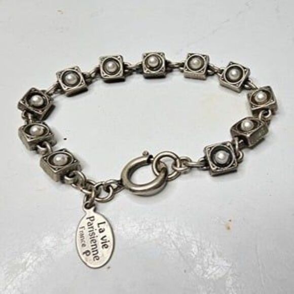 La Vie Parisienne France 7" Silver Tone & Pearl Square Link Bracelet - Picture 1 of 4